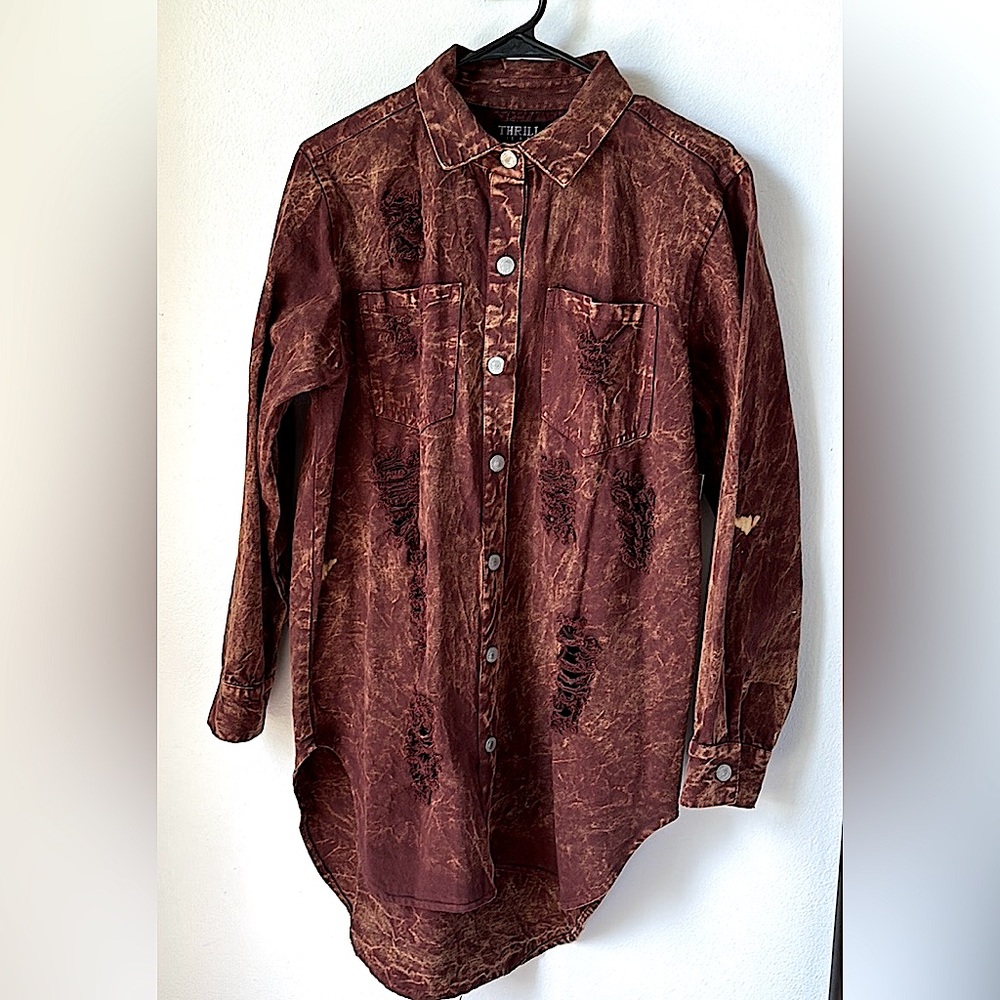 Thrill Jeans oversized ripped brown denim jacket. Large size.